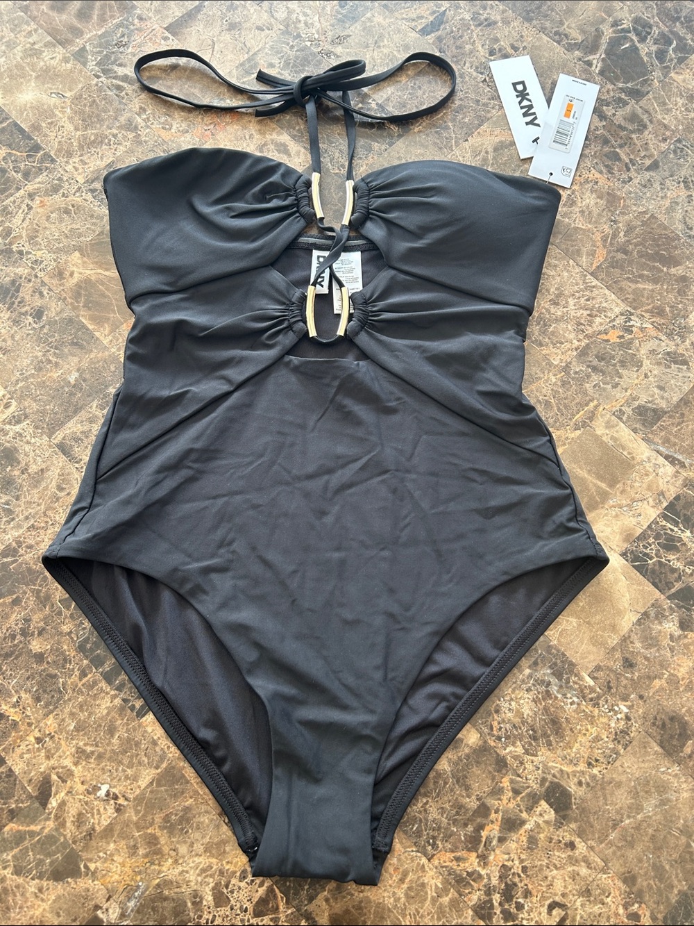NWT 🆕 DKNY Black Halter One-Piece Swimsuit with Gold Rings size S